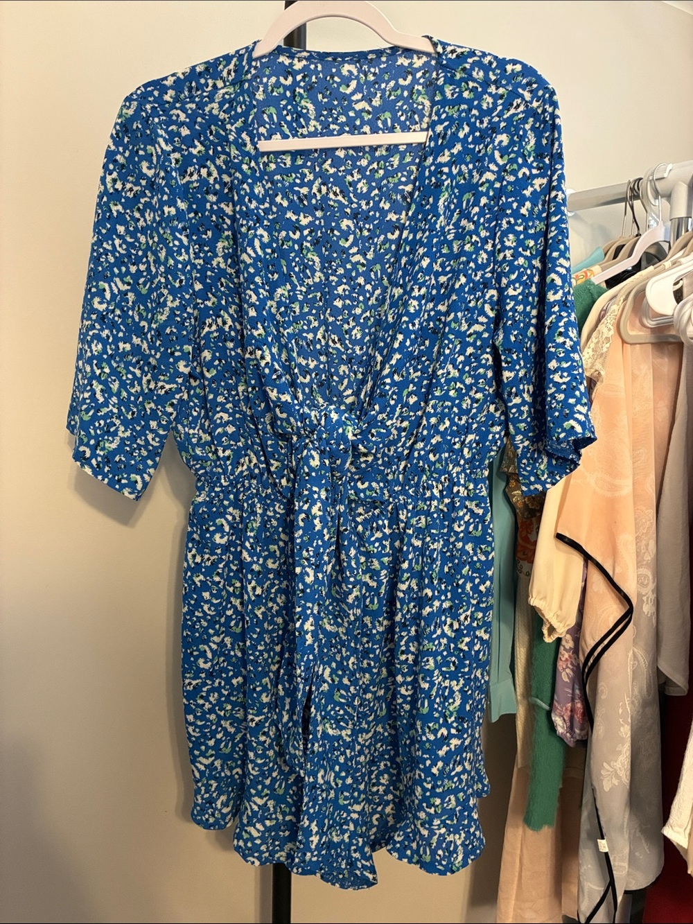 Blue Floral Tie-Front Romper Large - Picture 2 of 8